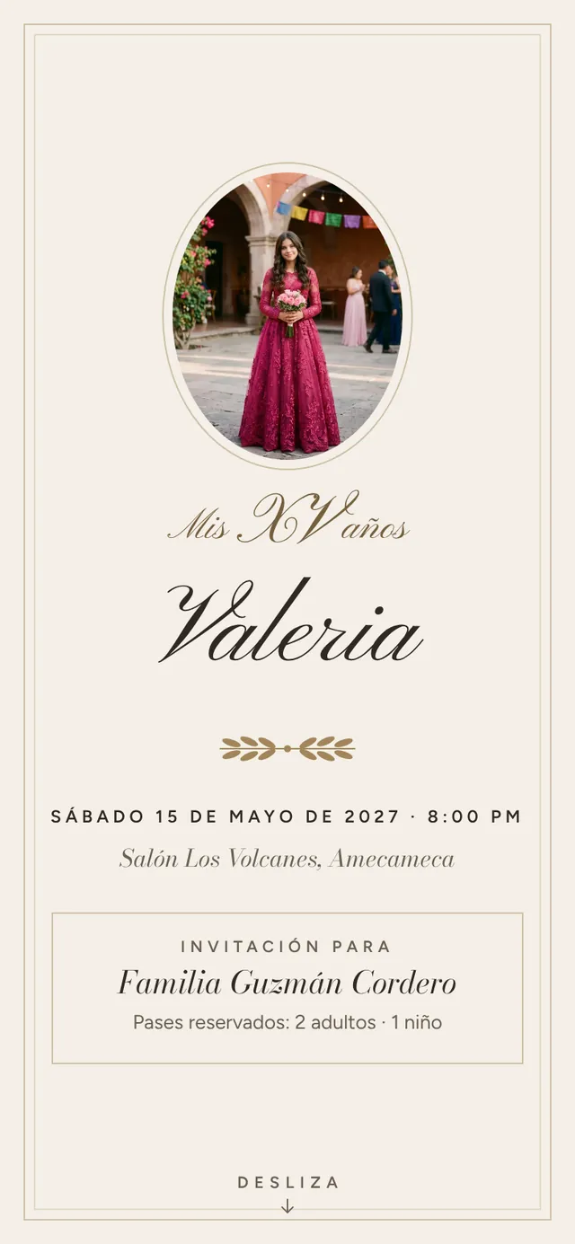 Portada del muestrario Prelude: invitación para la Familia Guzmán Cordero, pases reservados: 2 adultos y 1 niño.